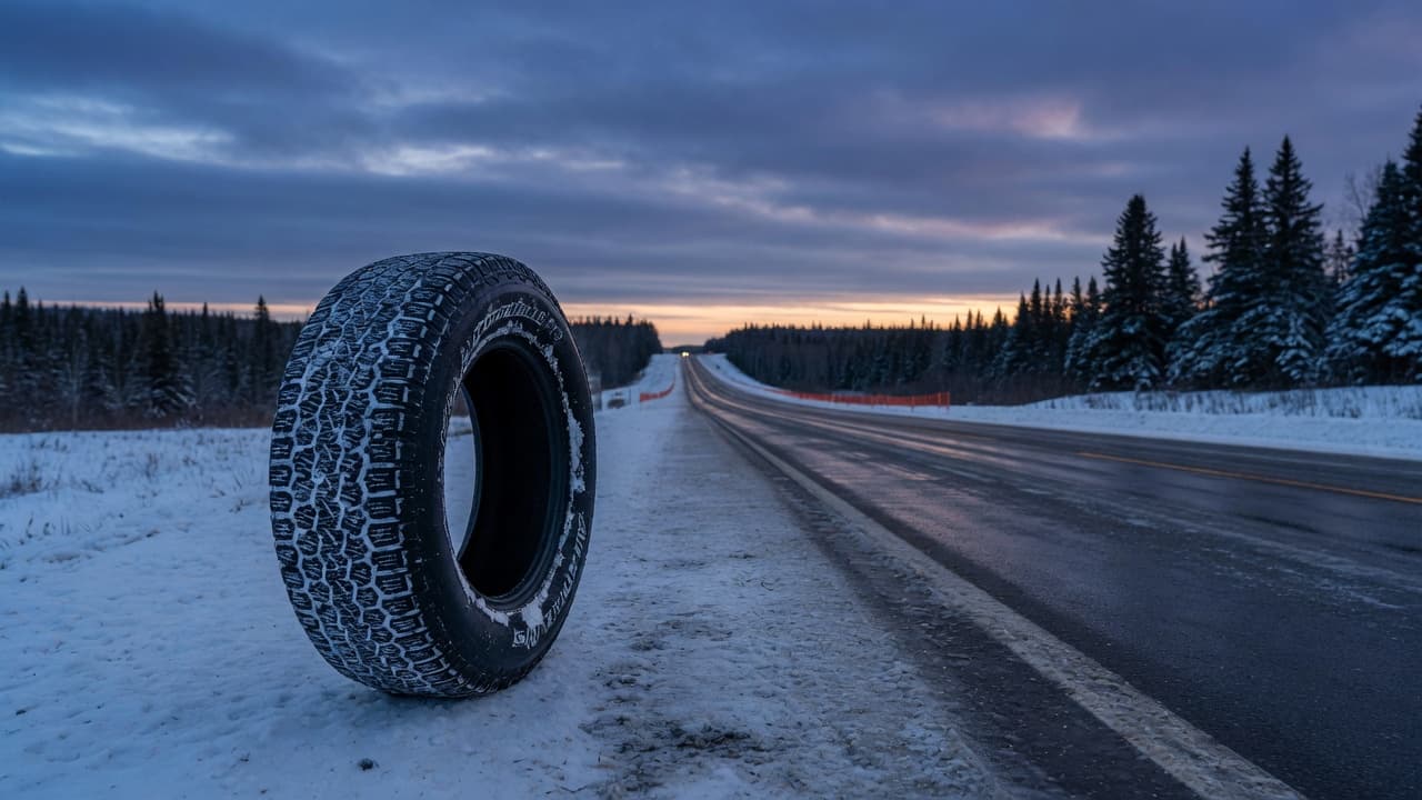 Snow-dusted tire on a Canadian winter highway at blue hour