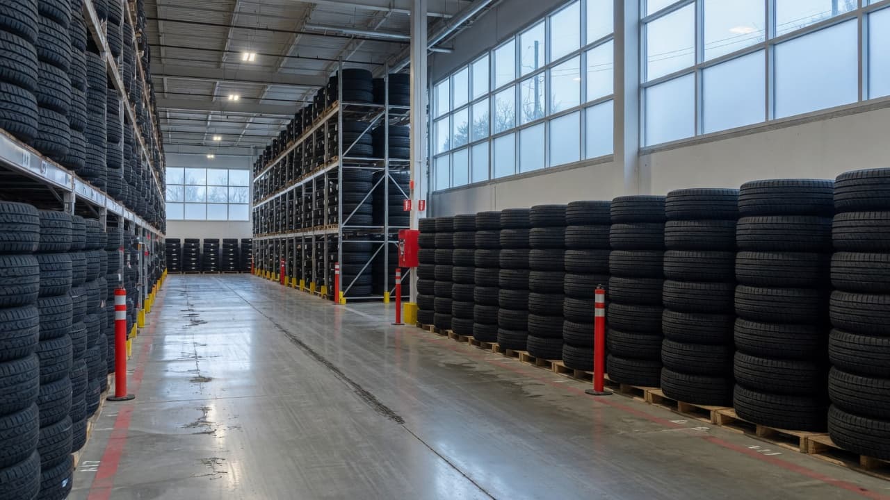 Tread Bros warehouse aisle stacked with tires